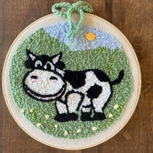 Punch Needle Handmade Cow Wall Hanging Cute Cow Farm Children's Room 8" Country